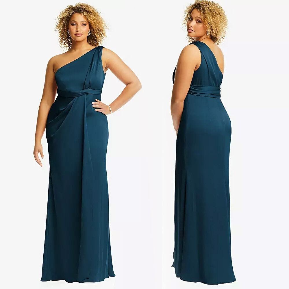 Dessy Collection One-Shoulder Draped Twist Empire Waist Trumpet Gown Size 12